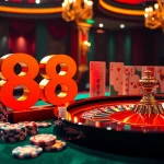 Experience the thrill of casino games at 888NEW with vibrant poker chips and a spinning roulette wheel.