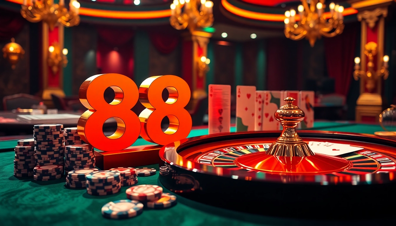 Experience the thrill of casino games at 888NEW with vibrant poker chips and a spinning roulette wheel.
