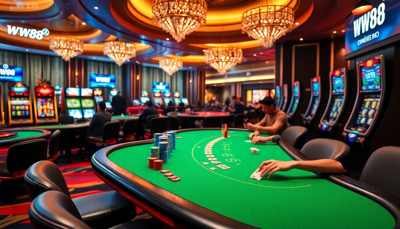 Engaged players enjoying a luxurious casino experience at ww88, with vibrant tables and exciting gaming elements.