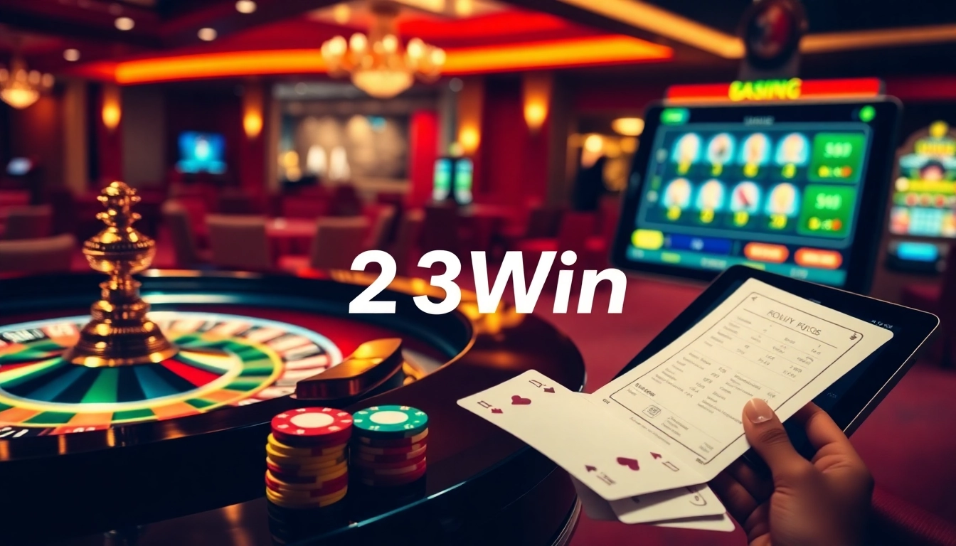 23Win showcasing a luxurious roulette table with vibrant chips and a modern online gambling interface.