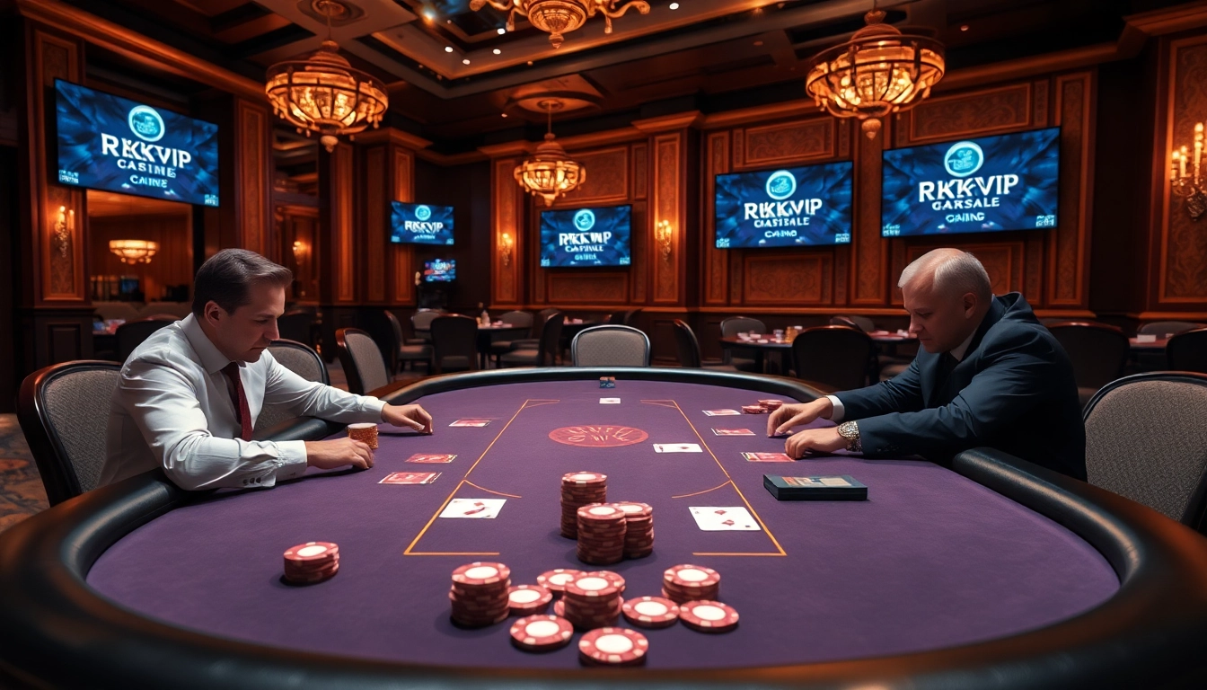 Experience the thrill of RIKVIP gaming at an upscale poker table surrounded by high-stakes excitement.