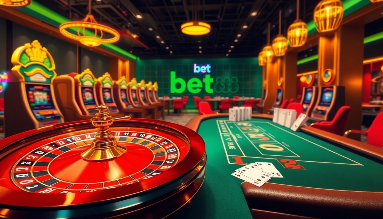 A thrilling bet 88 experience with elegant casino elements including a roulette wheel and poker table.