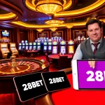 Experience thrilling gameplay at 28BET with vibrant casino visuals featuring roulette and poker tables.