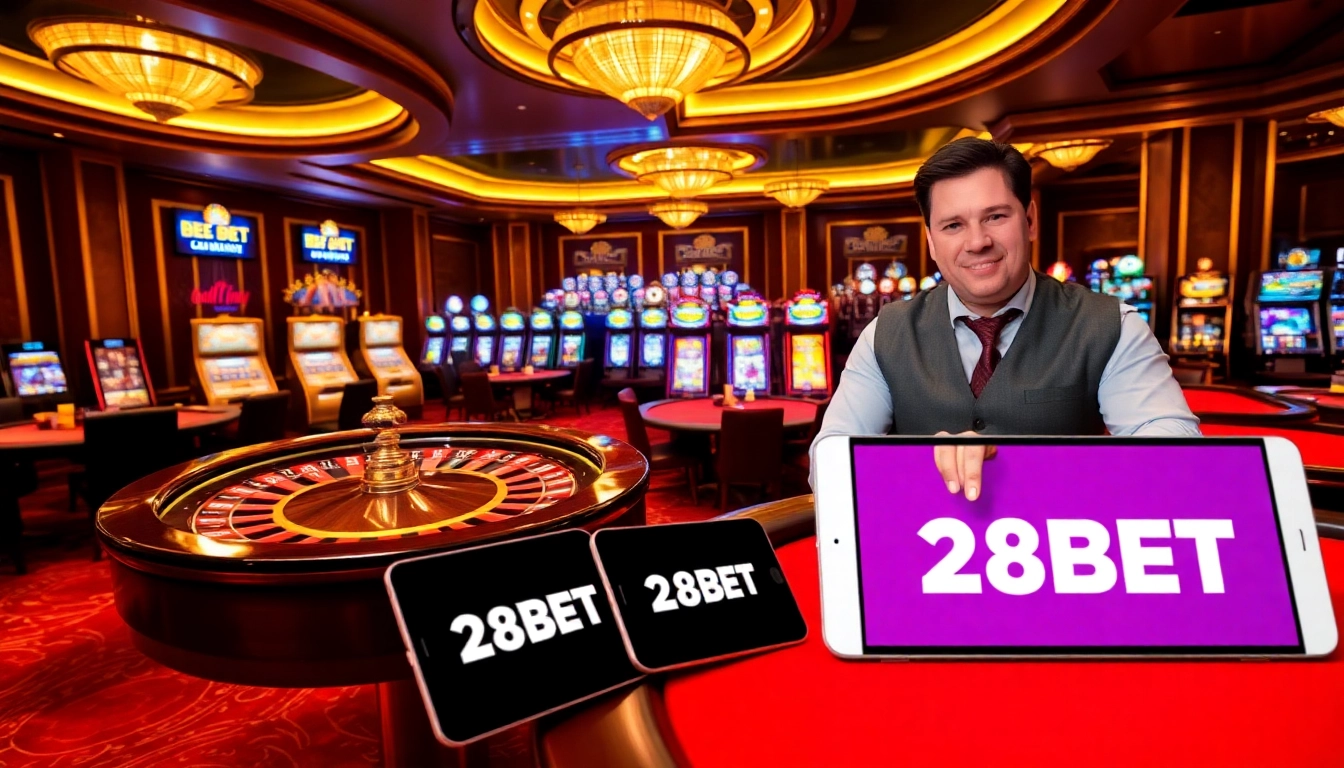 Experience thrilling gameplay at 28BET with vibrant casino visuals featuring roulette and poker tables.