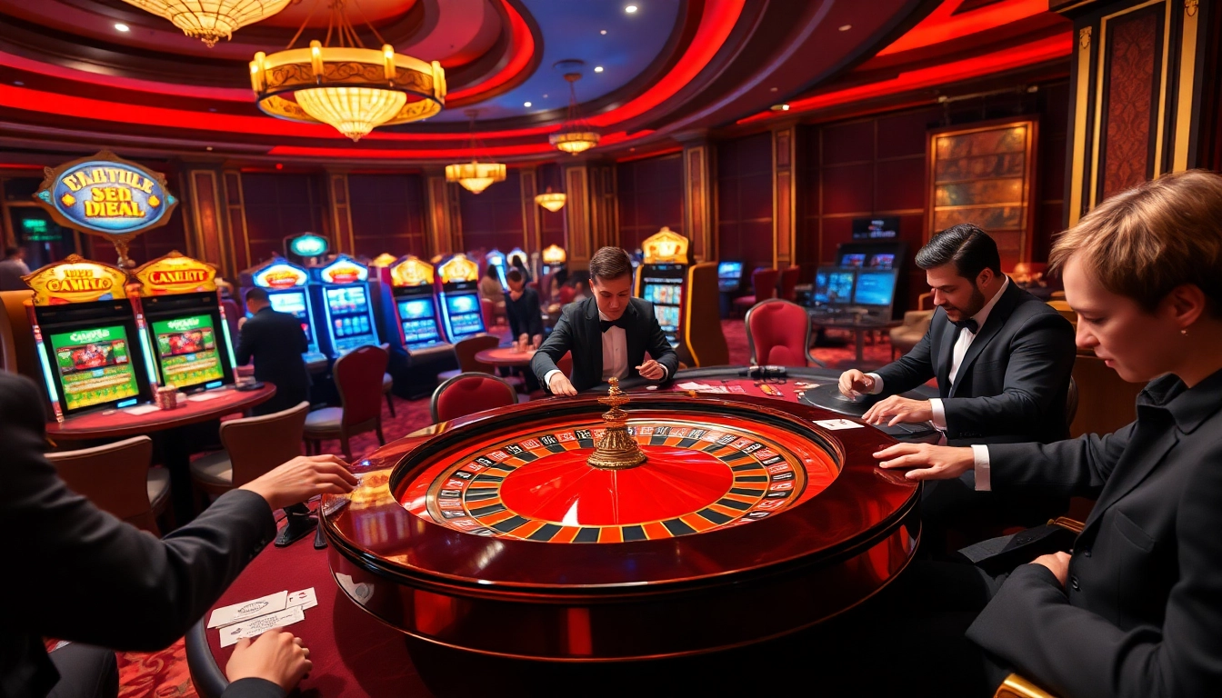 Experience the thrill of casino games at https://kk55.global/ with a luxury roulette table and excited players.