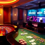 Players enjoying a luxurious casino experience at Win55, featuring a roulette wheel and blackjack table.