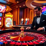 Experience excitement at 6FF with a luxurious casino setting featuring roulette and vibrant slot machines.