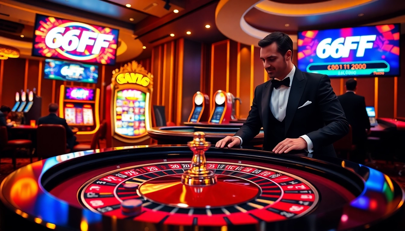 Experience excitement at 6FF with a luxurious casino setting featuring roulette and vibrant slot machines.