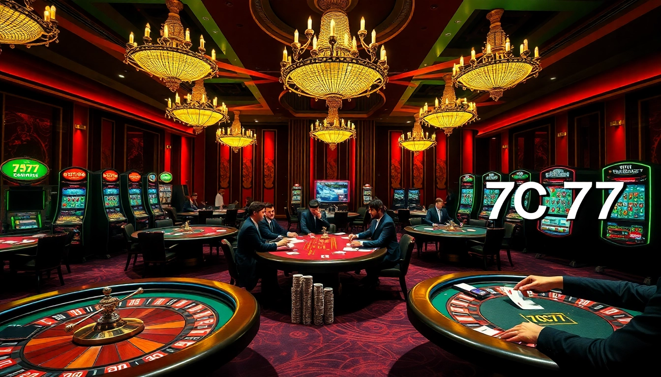 Exciting casino scene highlighting gameplay action at 7C77 with poker tables and slot machines.