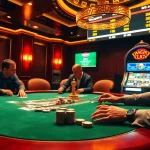 Engaging poker scene at a casino with real-time Vaoluoitv football updates, showcasing excitement and strategy.