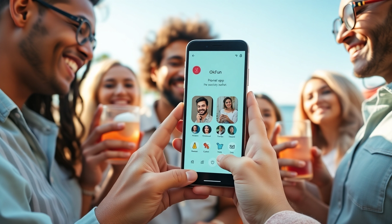 Friends enjoying a day outdoors while exploring the dating app https://okfun.uk.net/ on a smartphone, showcasing lively connections.
