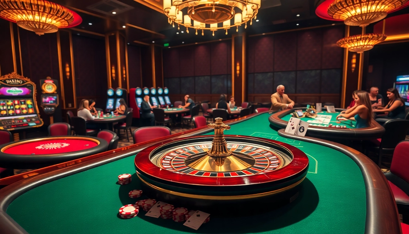 Players excitedly gamble at KP88's vibrant casino tables, showcasing luxury and thrilling gameplay.