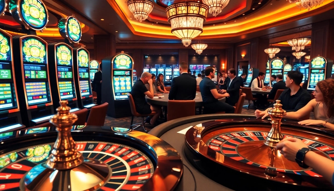 Gambling enthusiasts enjoying games at a luxurious casino featuring 789p slot machines.