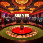 Engage in a thrilling casino experience with 888YES at a luxurious roulette table surrounded by vibrant gambling elements.