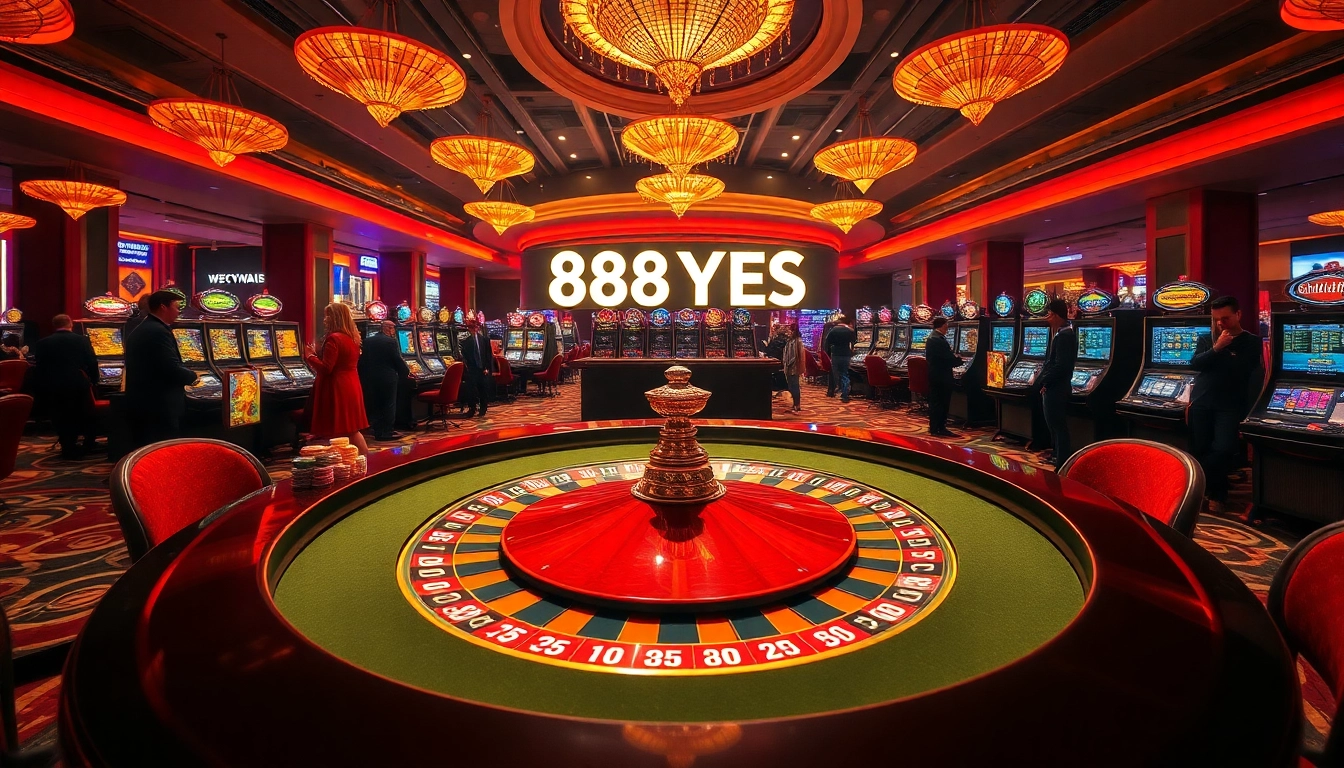 Engage in a thrilling casino experience with 888YES at a luxurious roulette table surrounded by vibrant gambling elements.