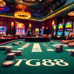 Experience high-stakes gambling at the TG88 poker table with vibrant chips and illuminated roulette wheels.