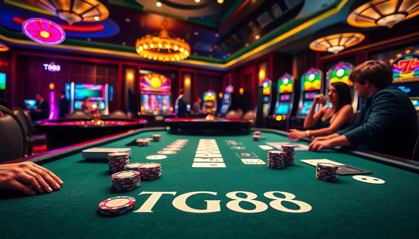 Experience high-stakes gambling at the TG88 poker table with vibrant chips and illuminated roulette wheels.