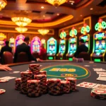 Experience the excitement of EE88 with players strategizing at a luxurious casino table, surrounded by vibrant slot machines.