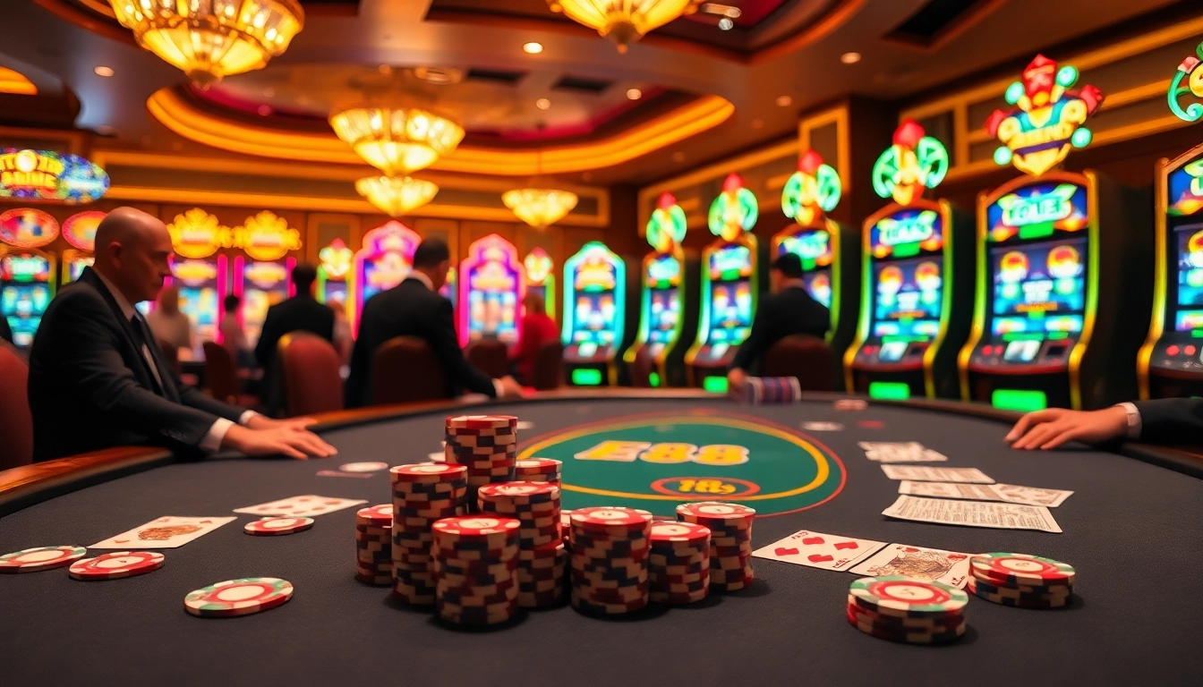 Experience the excitement of EE88 with players strategizing at a luxurious casino table, surrounded by vibrant slot machines.