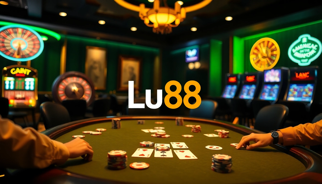 High-stakes poker action at Lu88 casino table with vibrant chips and cards.
