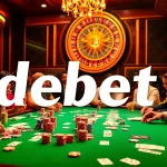 Players engage at a high-stakes poker table in a captivating casino atmosphere, showcasing the debet gambling experience.