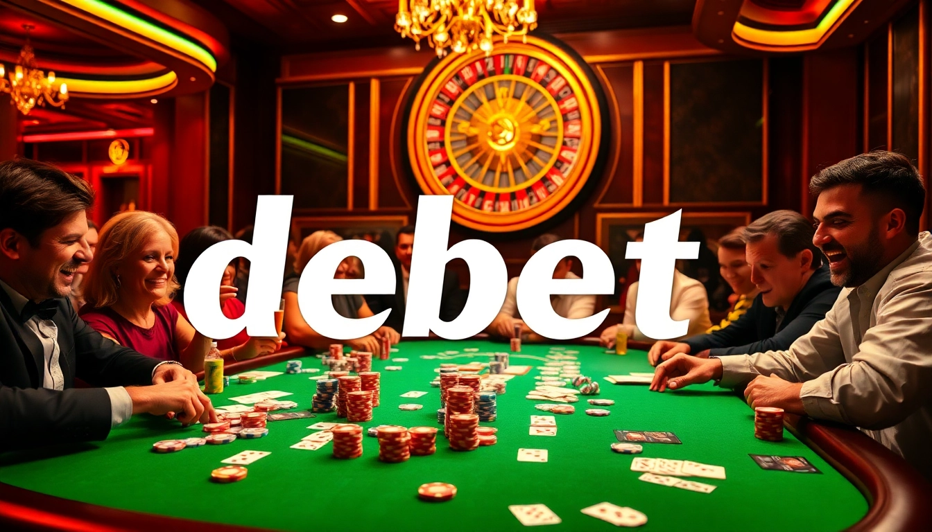 Players engage at a high-stakes poker table in a captivating casino atmosphere, showcasing the debet gambling experience.