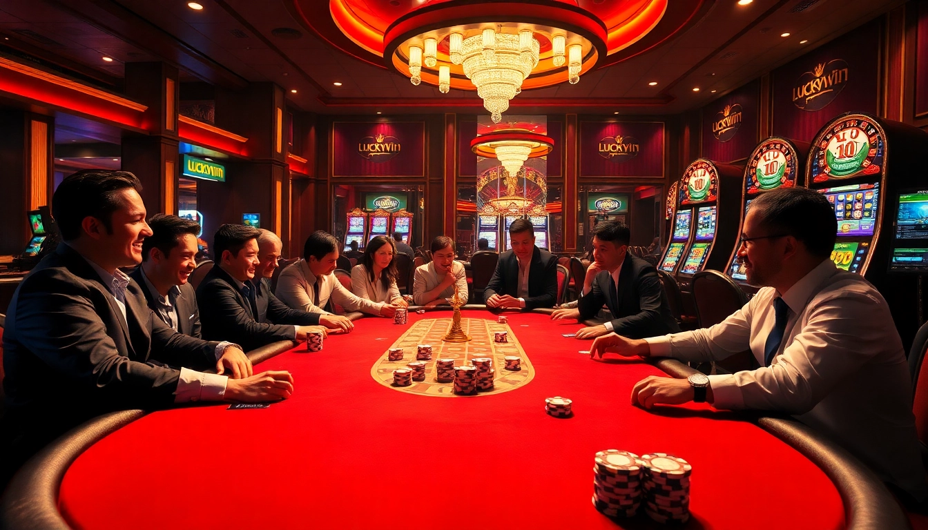 Experience thrilling gameplay at Luckywin's poker tables, surrounded by vibrant casino elements and neon lights.