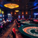 Players experience thrilling games at Hay88's luxurious casino, featuring slot machines and poker tables.