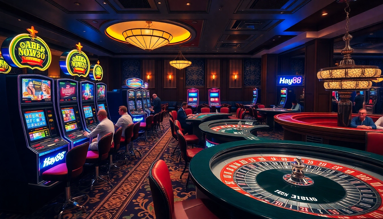 Players experience thrilling games at Hay88's luxurious casino, featuring slot machines and poker tables.