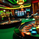 Engage with keonhacai's vibrant gambling atmosphere featuring casino tables, roulette, and excited players.