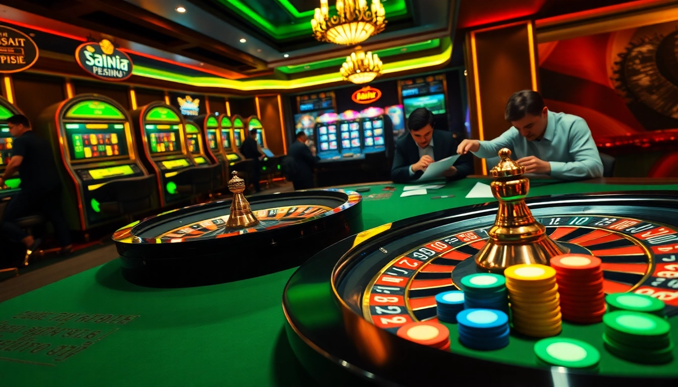 Engage with keonhacai's vibrant gambling atmosphere featuring casino tables, roulette, and excited players.