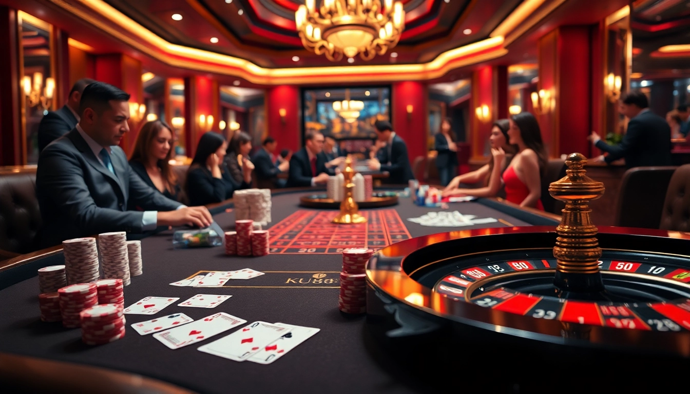 Engaging scene of a modern casino table featuring KU88 poker chips and players in action.