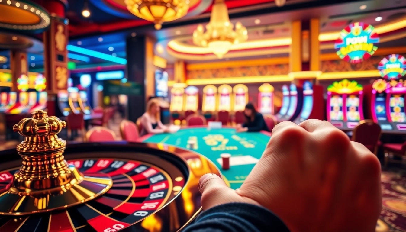 Exciting gaming action at 79win, showcasing a vibrant casino atmosphere with players and roulette wheel.