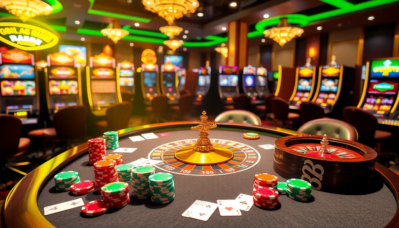 Exciting casino atmosphere at RR88 with vibrant gaming table and poker chips.