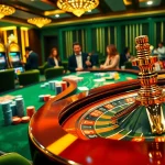 Experience the thrill of mmoo at a luxurious casino table with poker chips and a spinning roulette wheel.
