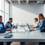 在现代工作空间中，美洽官网的客户服务界面，展示协作团队。