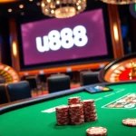 Experience thrilling gameplay at u888 with an elegant poker table and spinning roulette.
