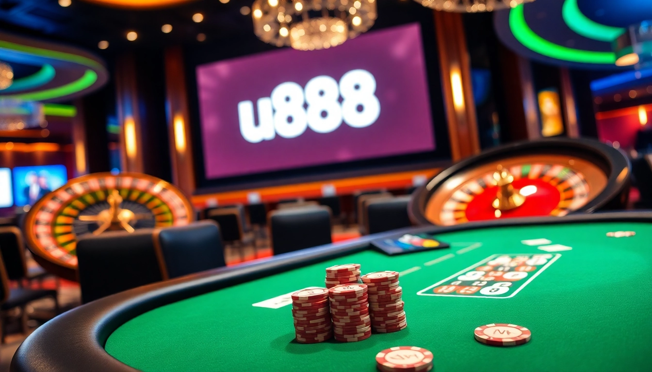 Experience thrilling gameplay at u888 with an elegant poker table and spinning roulette.