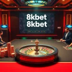 An enticing scene showcasing the 8kbet link with players enjoying poker and slot machines in a luxury casino setting.