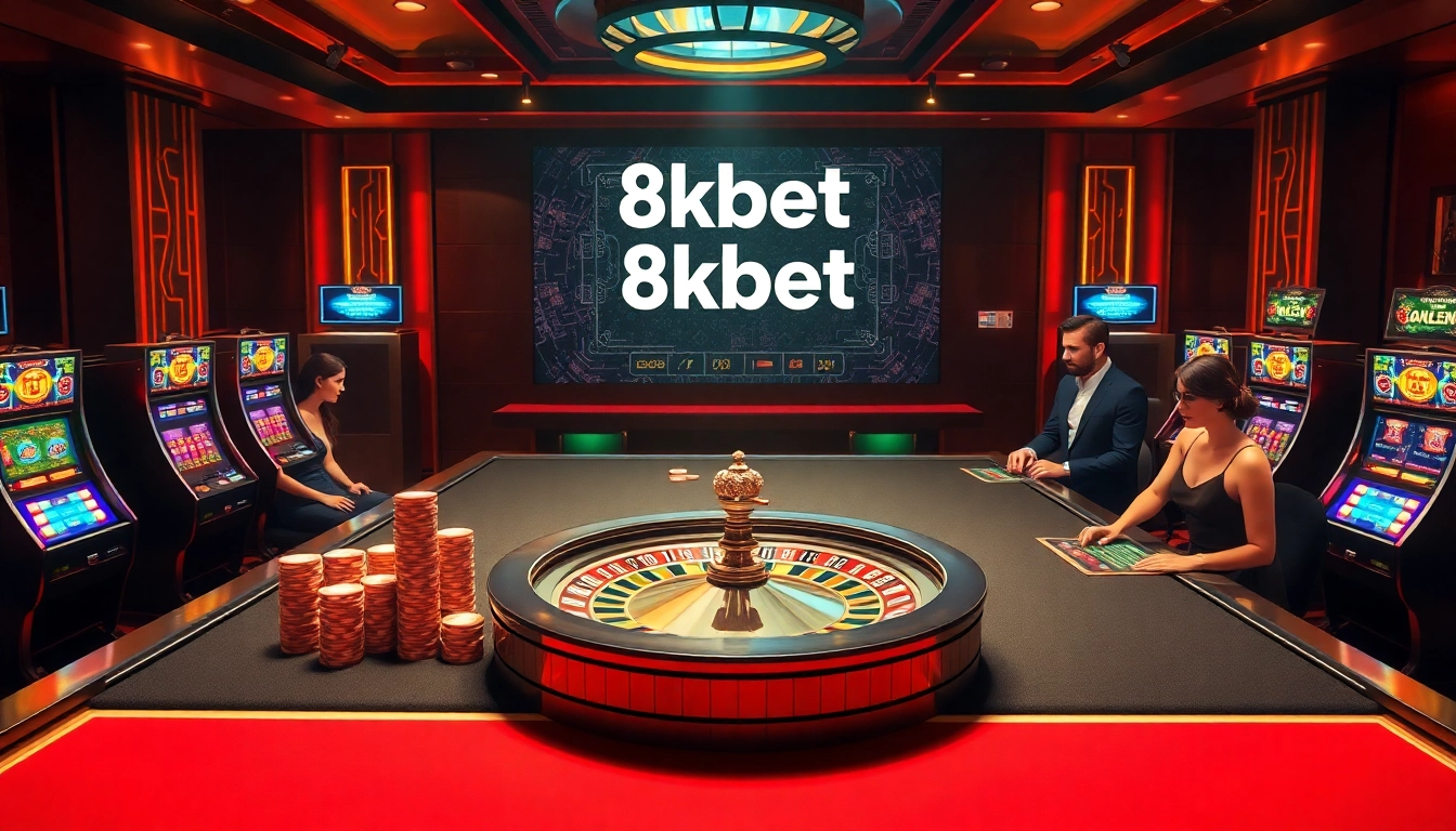 An enticing scene showcasing the 8kbet link with players enjoying poker and slot machines in a luxury casino setting.