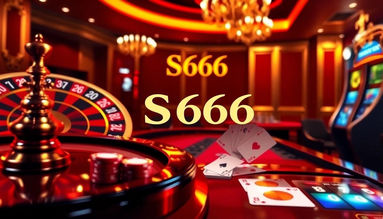 S666 casino scene with vibrant roulette wheel and poker chips in an exciting gaming atmosphere.