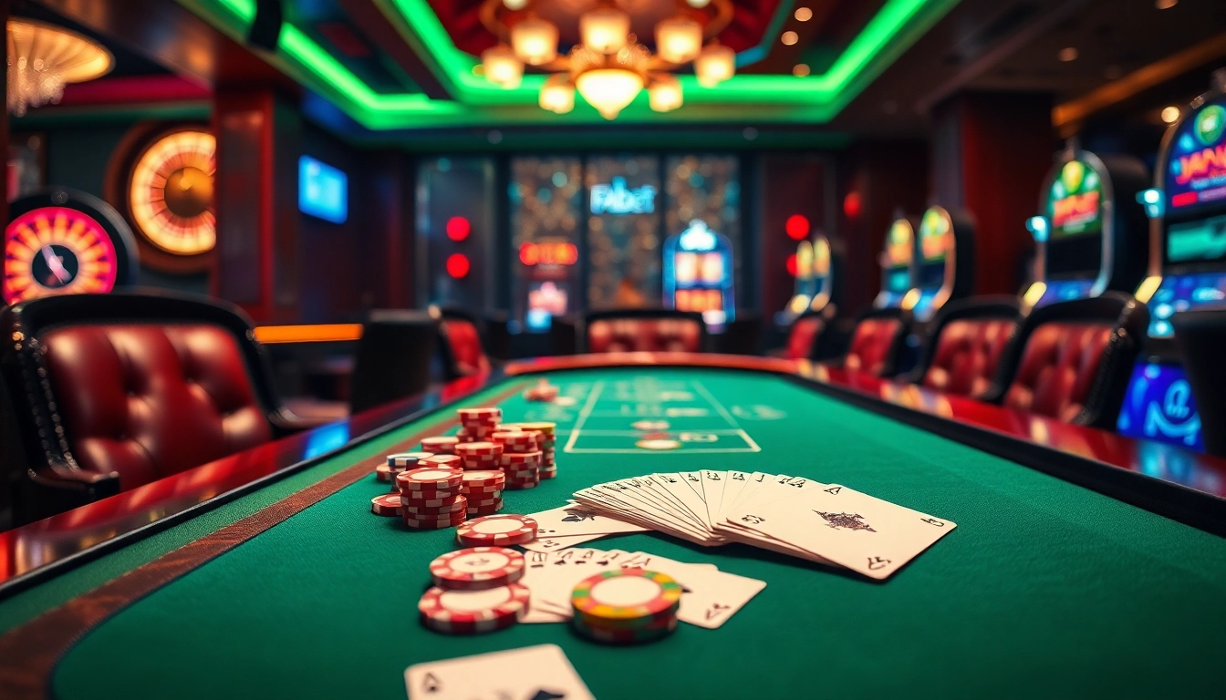 Experience the thrill of FABET's high-stakes poker game with elegant chips and cards.