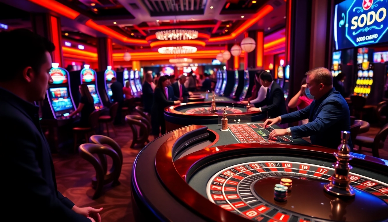 SODO Casino's vibrant and luxurious gaming environment with roulette wheels and enthusiastic gamblers.