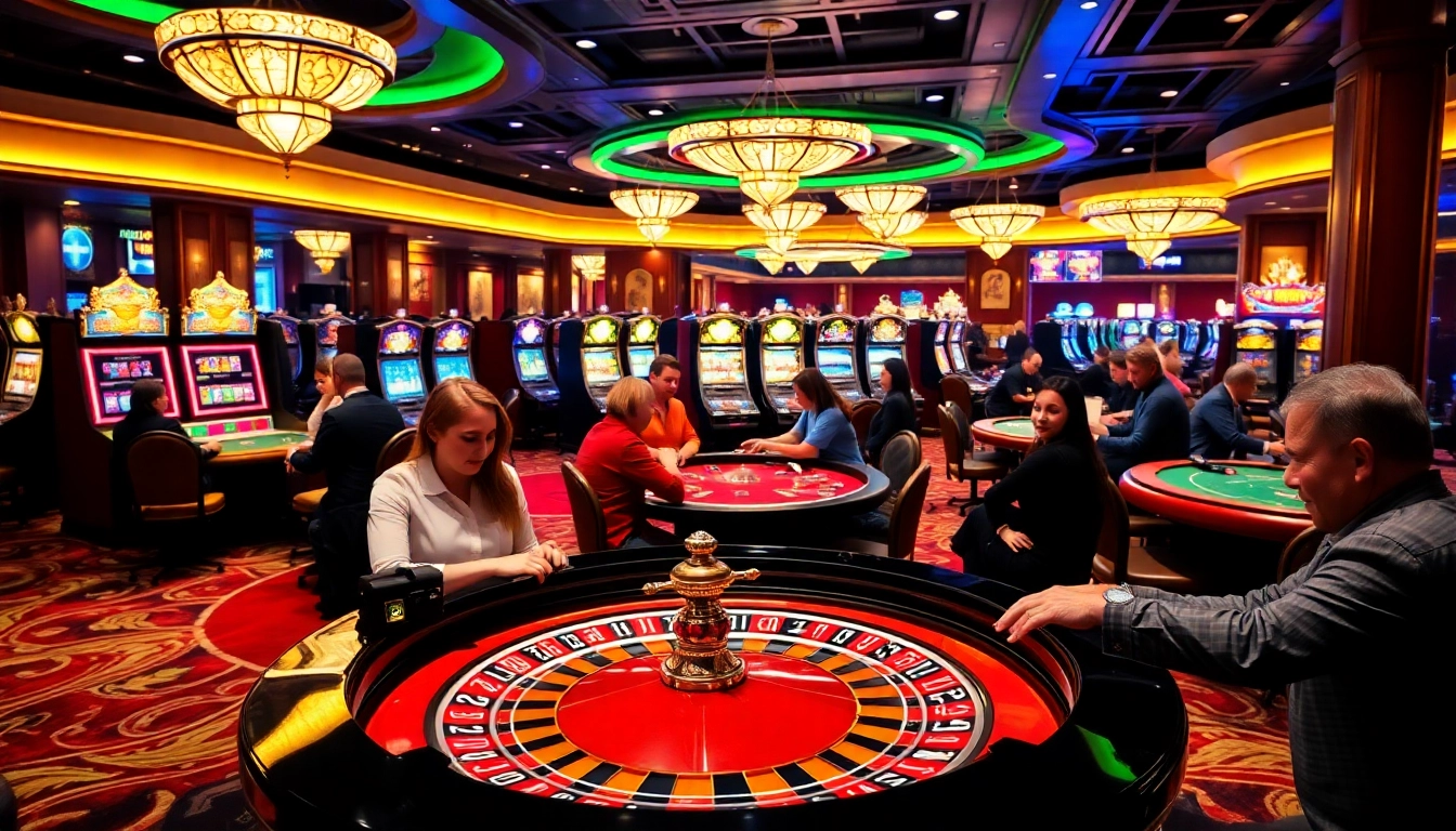 Players engaging at roulette and slot machines in a vibrant fun79 casino atmosphere.
