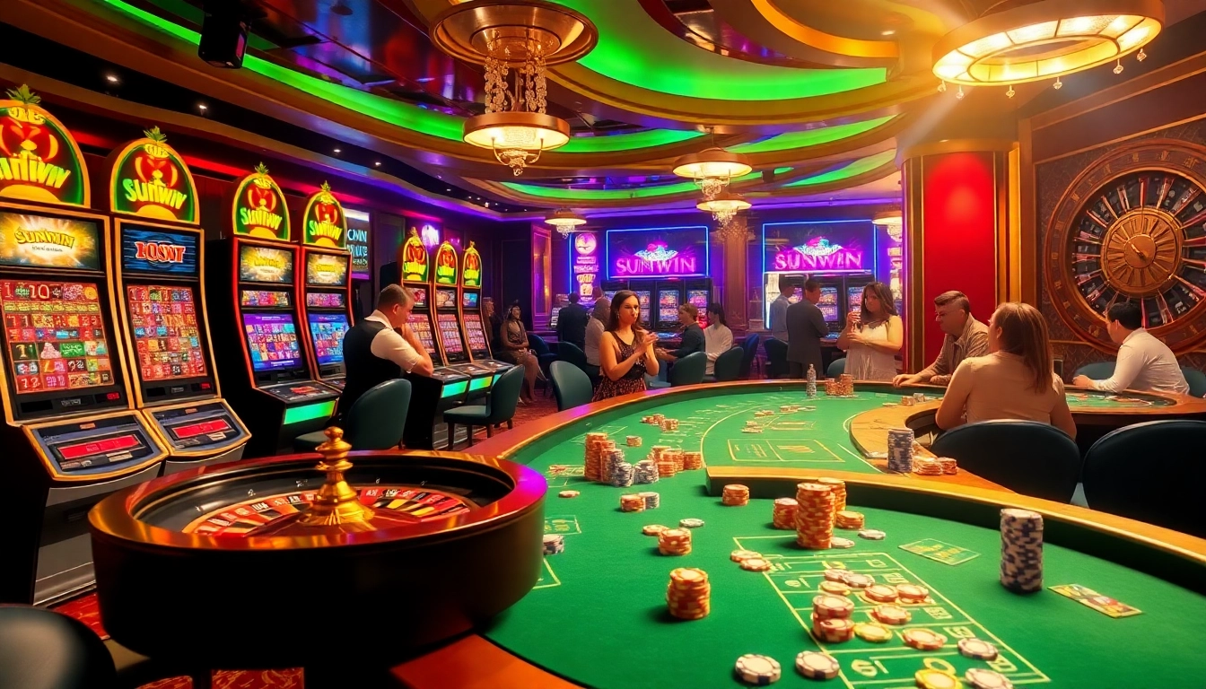 Players winning at a premium sunwin casino, featuring vibrant slot machines and a roulette wheel.