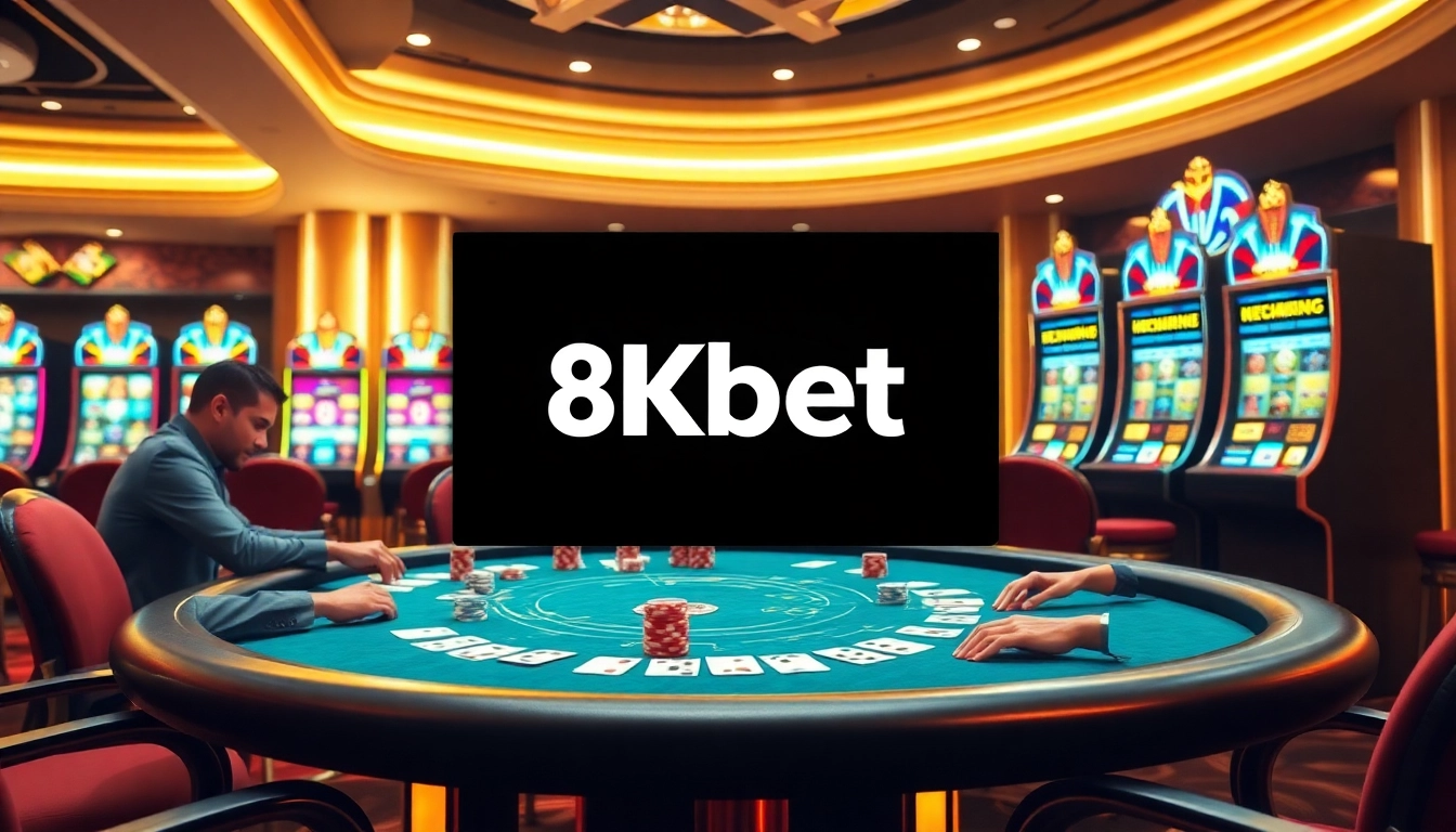 Experience thrilling gambling action with 8kbet at a luxurious casino table surrounded by vibrant slot machines.