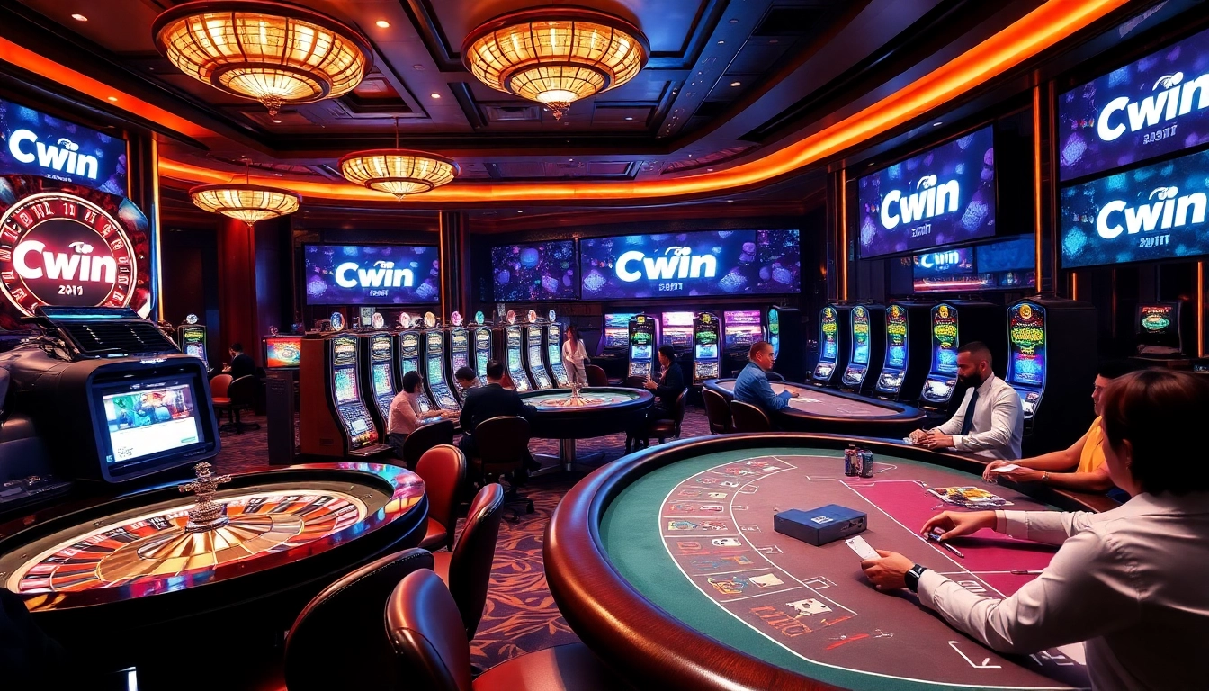 Cwin online casino scene with vibrant games, players, and a professional atmosphere.