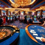 TG88 casino scene showcasing players at roulette, poker tables, and vibrant slot machines.