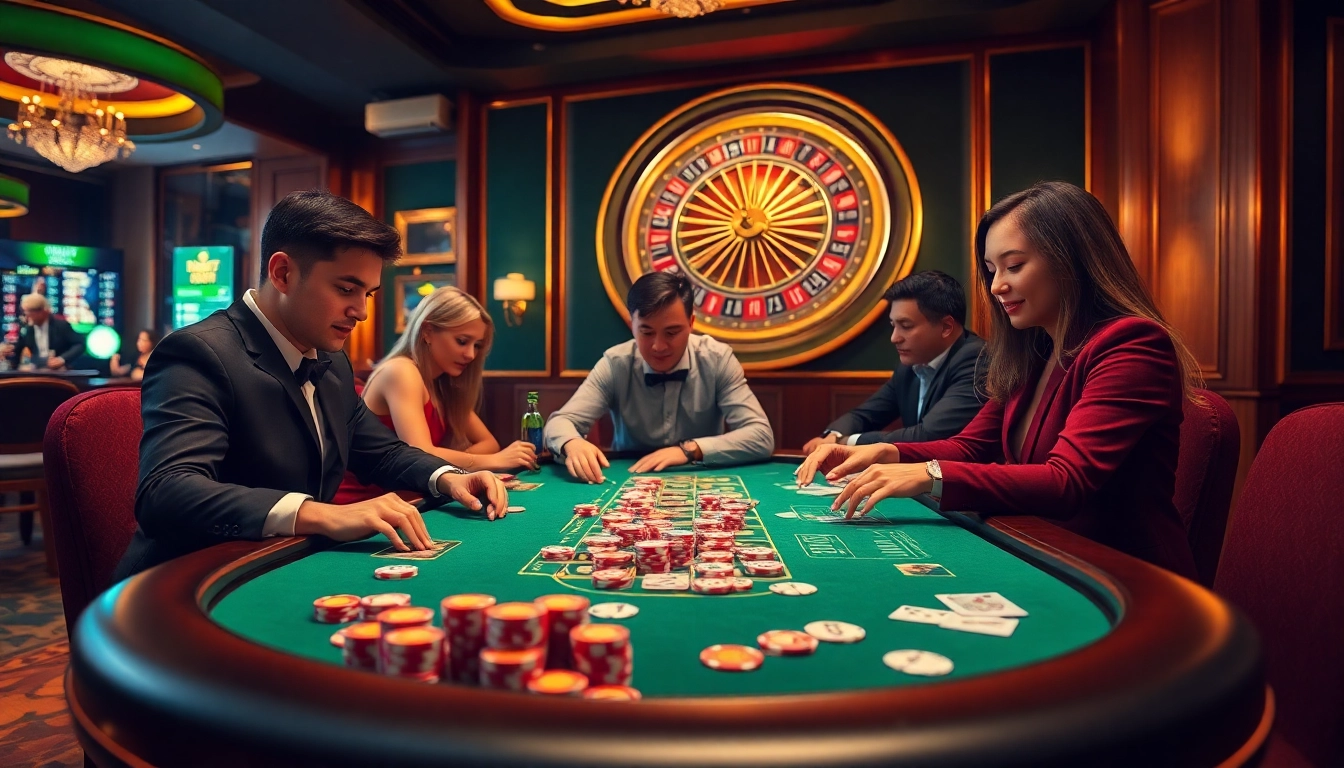 DEBET players engaged in a thrilling casino experience with poker chips and cards.