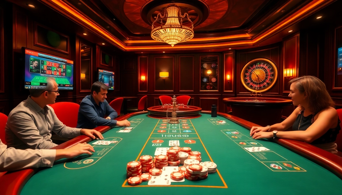 Jogadores engajados em uma mesa de pôquer luxuosa, em um ambiente de cassino vibrante em https://kk55.global/.